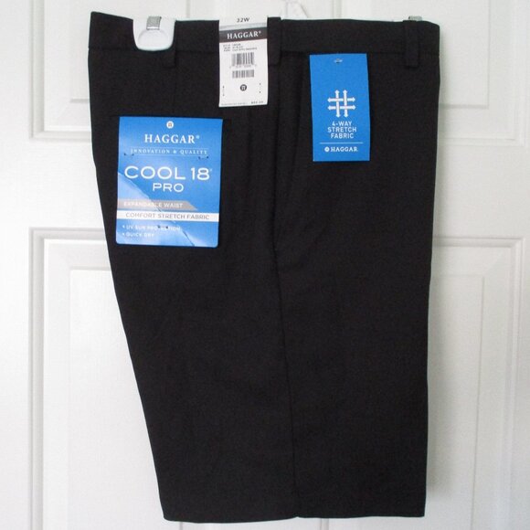 Haggar Cool 18 Mens Flat Front Black Expandable Waist Golf Short Pant NWT - 32W - Picture 1 of 3